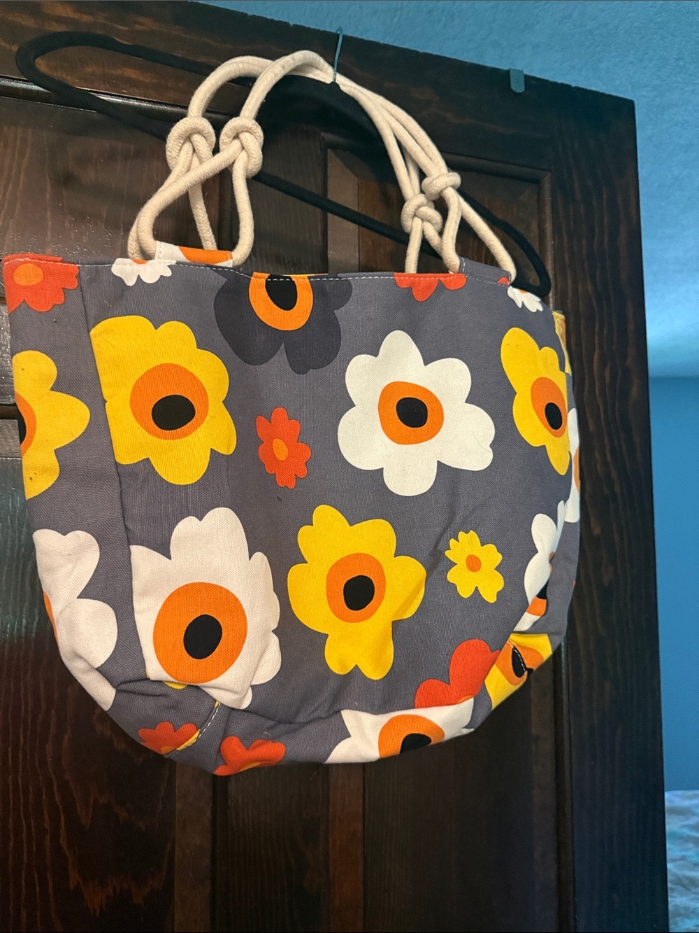 Floral Rope-Handle Tote Bag - Gray, Yellow & White